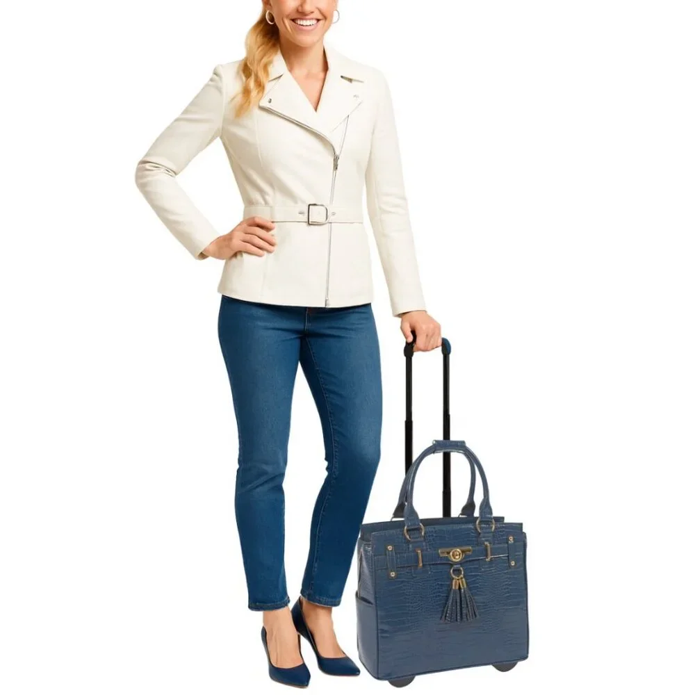THE RIVIERA Blue Alligator Rolling Laptop Bag, Rolling Briefcase for Women